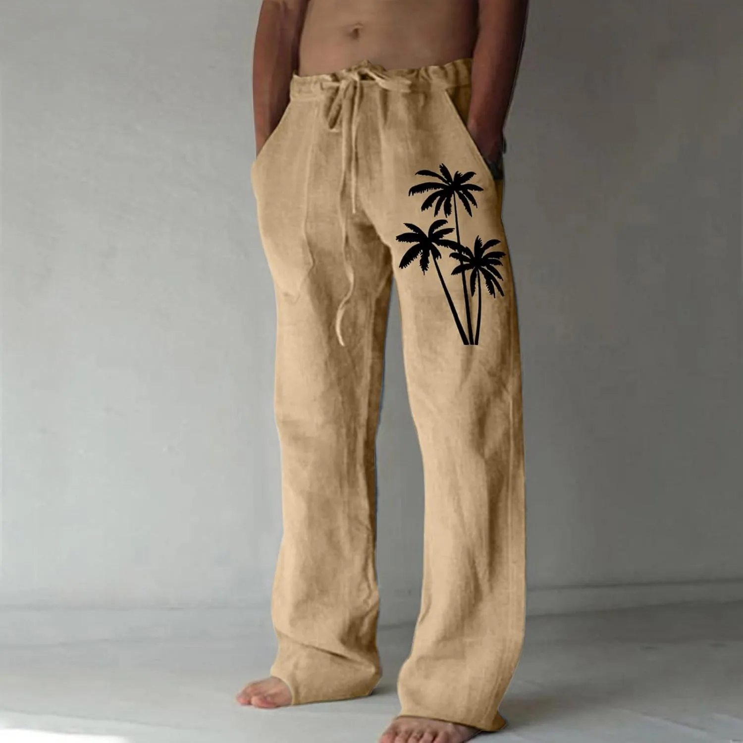 Mens Beach Linen Pants Coconut Tree Print Casual Loose Hawaiian Pants Baggy Lightweight Summer Trousers with Pockets