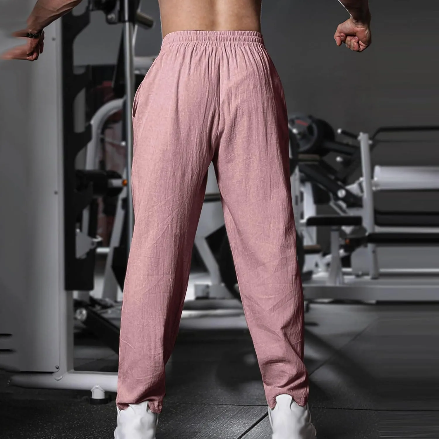Mens Casual Linen Pants Loose Fit Drawstring Beach Pants with Pockets Lightweight Summer Clothes for Vacation