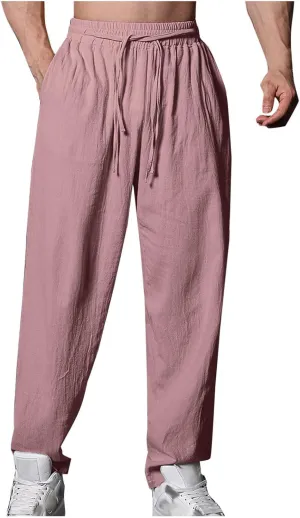 Mens Casual Linen Pants Loose Fit Drawstring Beach Pants with Pockets Lightweight Summer Clothes for Vacation
