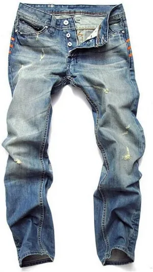 Men's Distressed Multi-Button Biker Jean Trousers Straight Fit Destroyed Jeans Retro Button Casual Fly Pants (35,Light Blue)