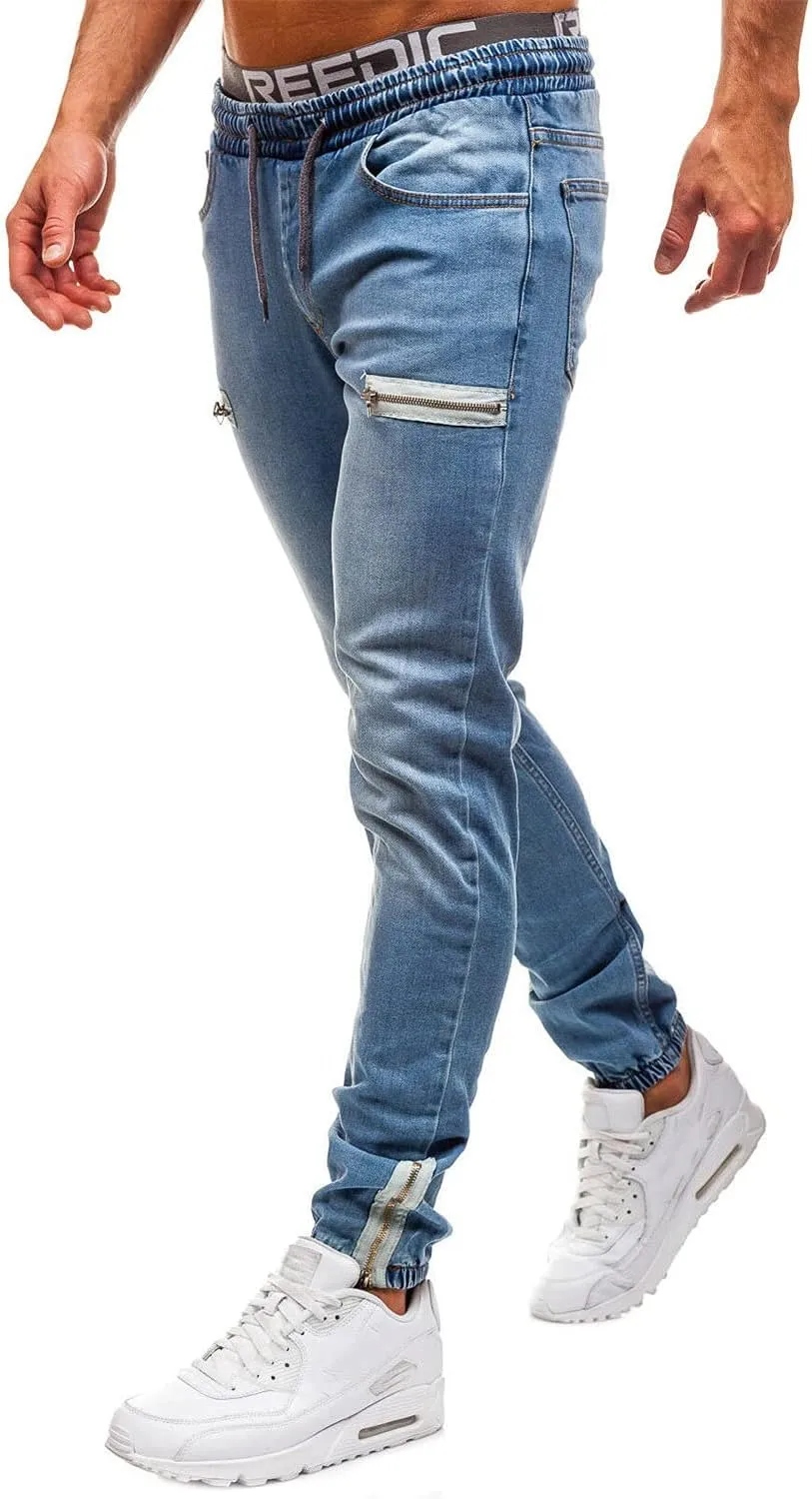 Men's Distressed Ripped Skinny Slim Fit Denim with Zippers Jogger Stretch Hipster Jeans Casual Fit Straight Trousers (Light Blue,Large)
