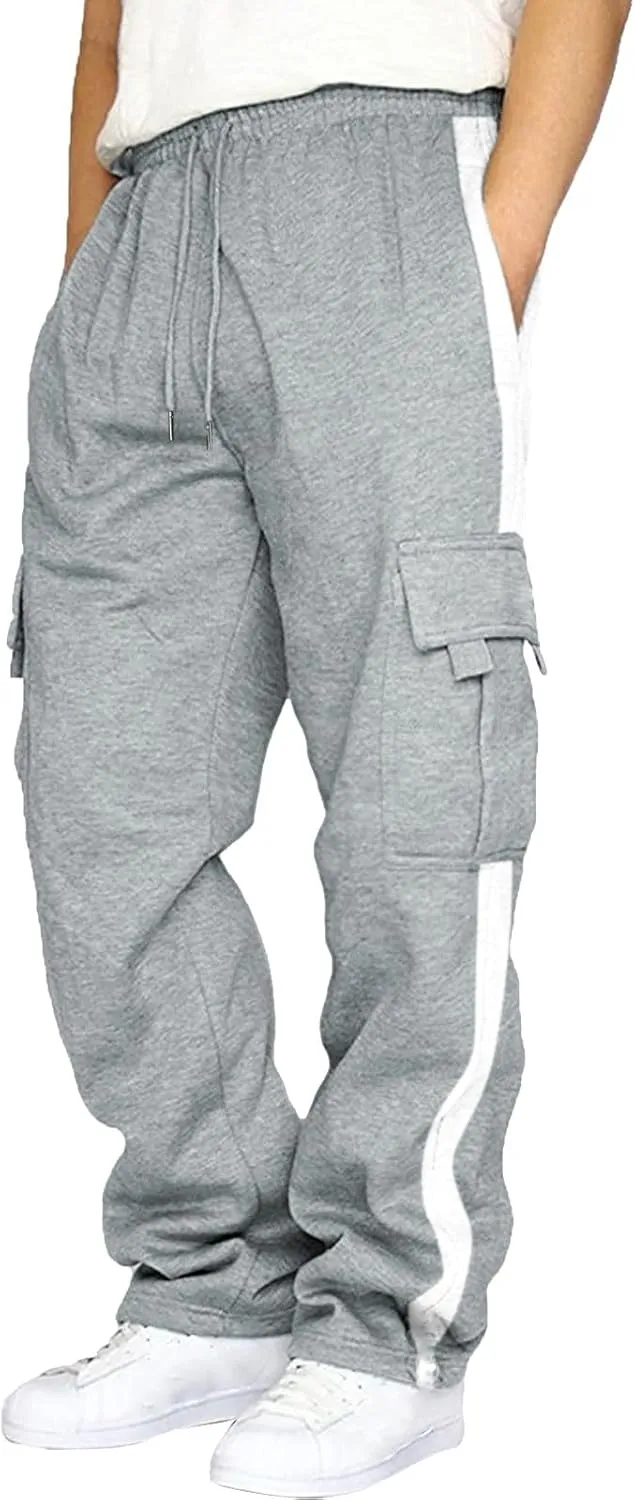 Men's Heavyweight Cargo Cotton Sweatpants Joggers Baggy Elastic Waist Drawstring Trousers with Pockets