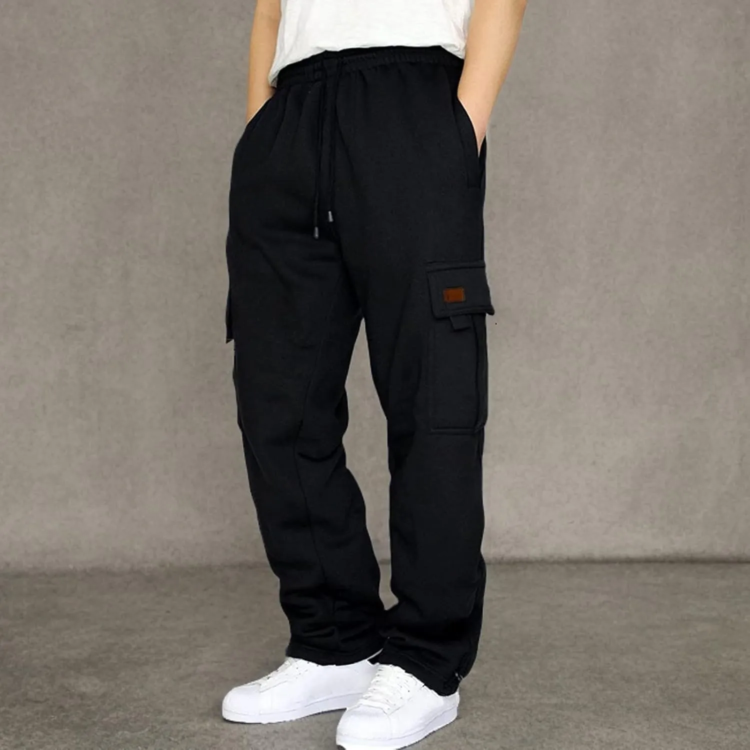 Men's Heavyweight Fleece Cargo Sweatpants Stretch Elastic Waist Trousers Drawstring Baggy Joggers with Pockets