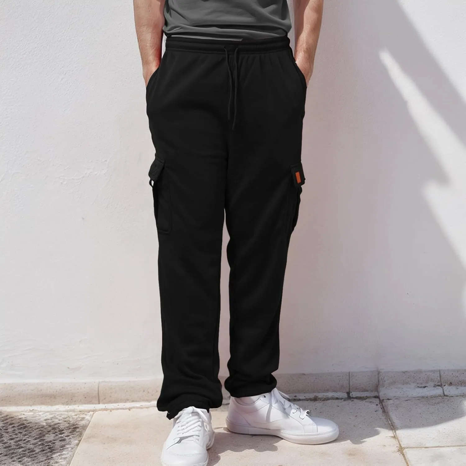 Men's Heavyweight Fleece Cargo Sweatpants Stretch Elastic Waist Trousers Drawstring Baggy Joggers with Pockets