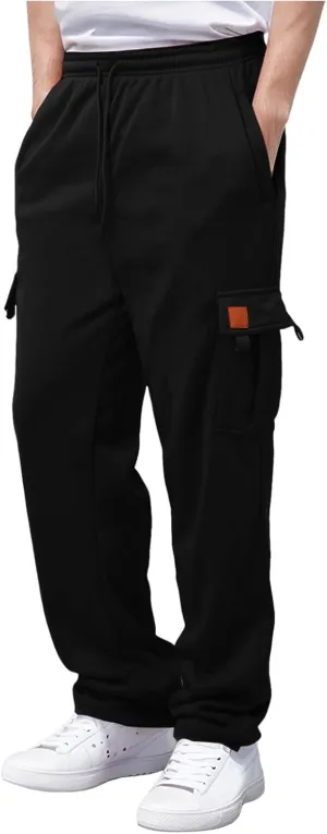 Men's Heavyweight Fleece Cargo Sweatpants Stretch Elastic Waist Trousers Drawstring Baggy Joggers with Pockets
