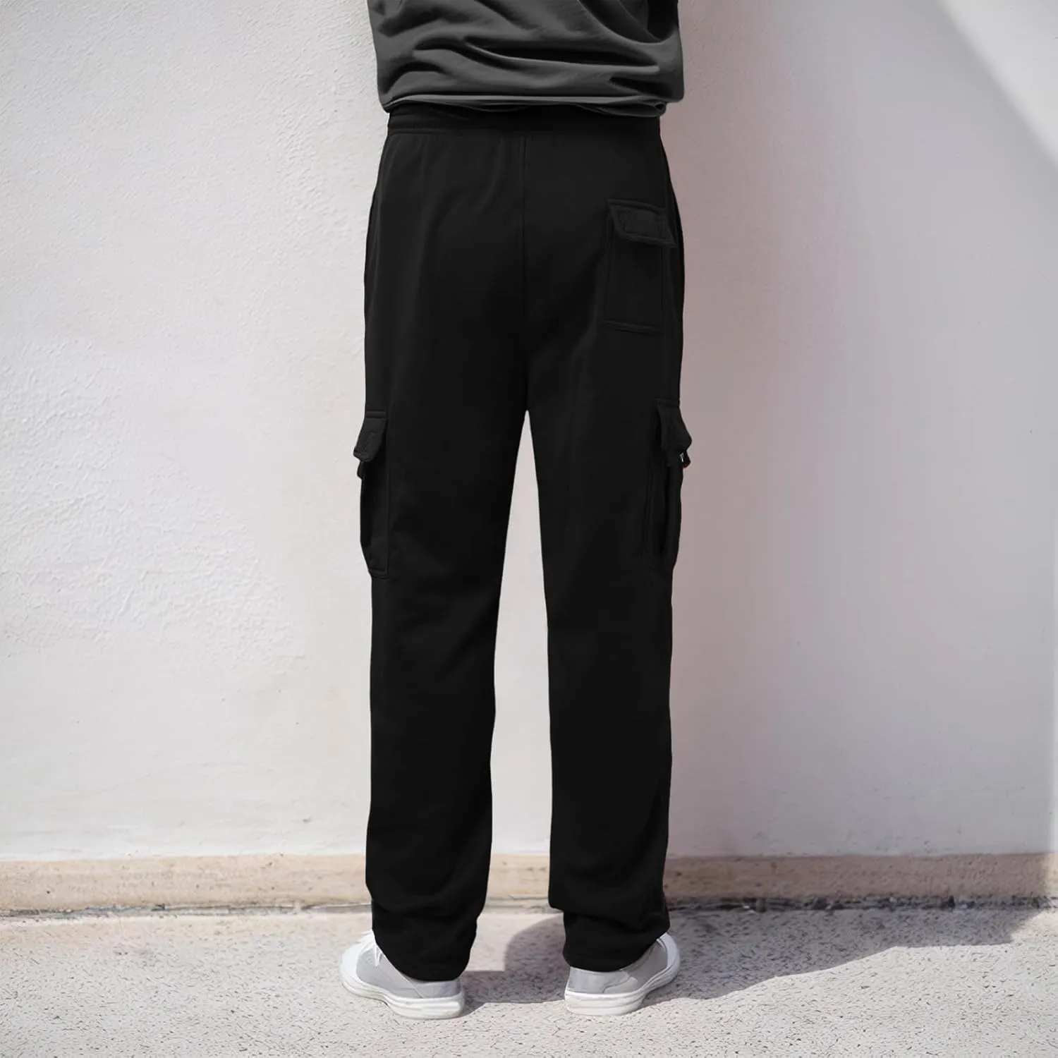 Men's Heavyweight Fleece Cargo Sweatpants Stretch Elastic Waist Trousers Drawstring Baggy Joggers with Pockets