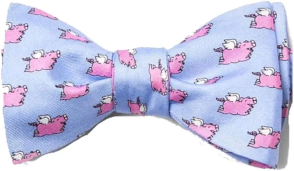 Men's Light Blue 100% Silk When Pigs Fly Self Tie Bow Tie