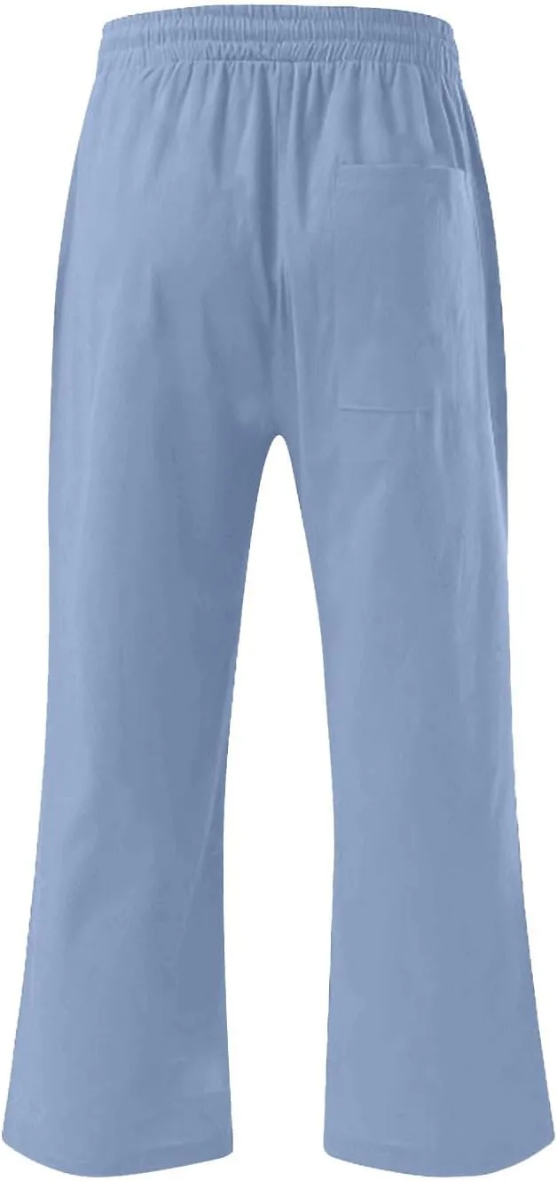Mens Linen Capri Pants Elastic Waist Casual Pocket Joggers Lightweight Summer Relaxed Fit Beach Yoga Pants