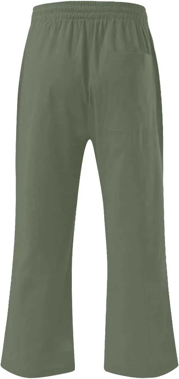 Mens Linen Capri Pants Elastic Waist Casual Pocket Joggers Lightweight Summer Relaxed Fit Beach Yoga Pants