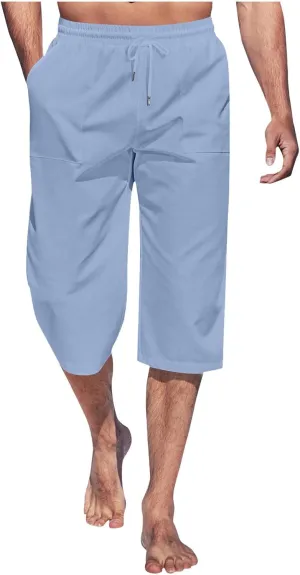 Mens Linen Capri Pants Elastic Waist Casual Pocket Joggers Lightweight Summer Relaxed Fit Beach Yoga Pants