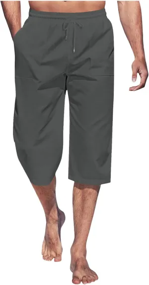 Mens Linen Capri Pants Elastic Waist Casual Pocket Joggers Lightweight Summer Relaxed Fit Beach Yoga Pants