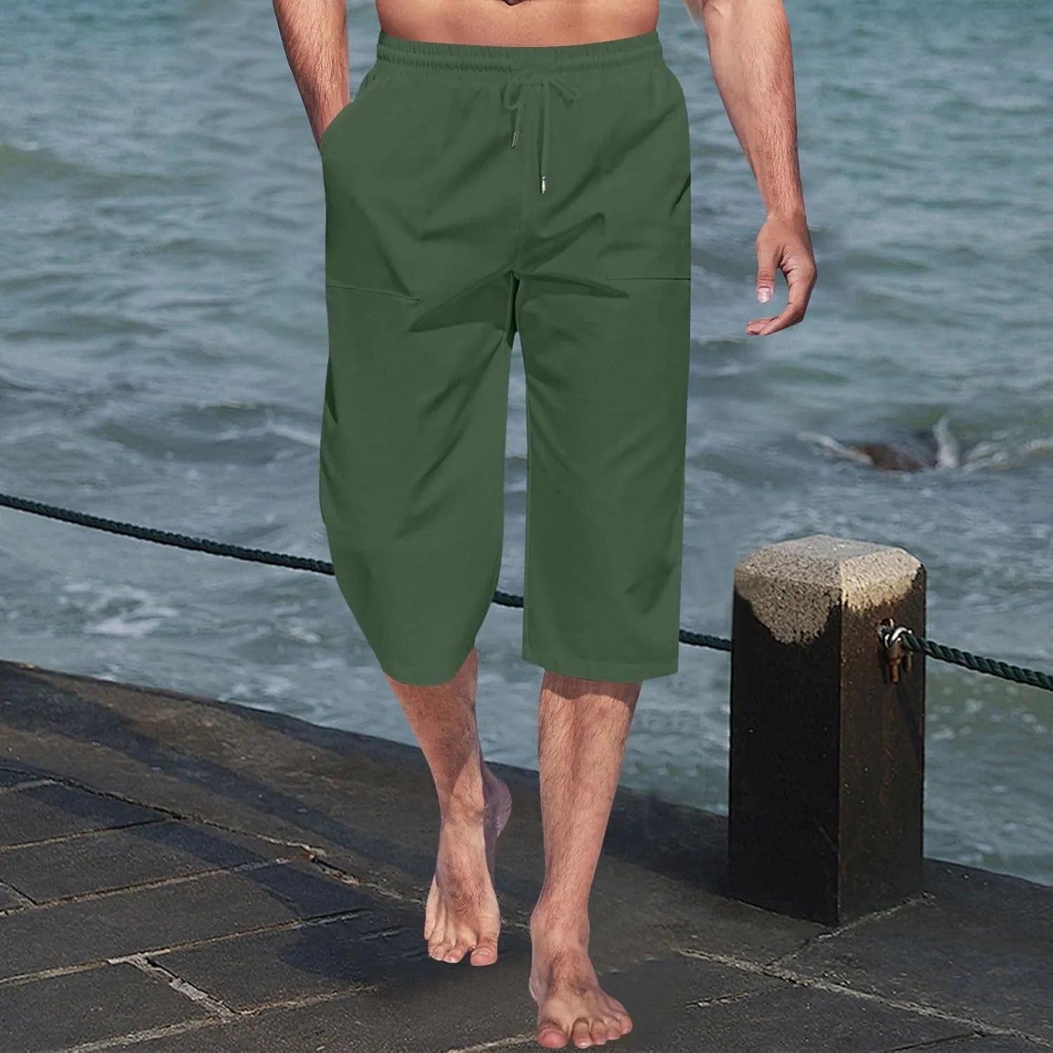 Mens Linen Capri Pants Elastic Waist Casual Pocket Joggers Lightweight Summer Relaxed Fit Beach Yoga Pants