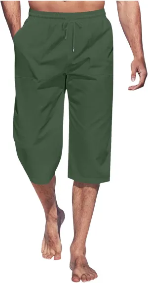 Mens Linen Capri Pants Elastic Waist Casual Pocket Joggers Lightweight Summer Relaxed Fit Beach Yoga Pants