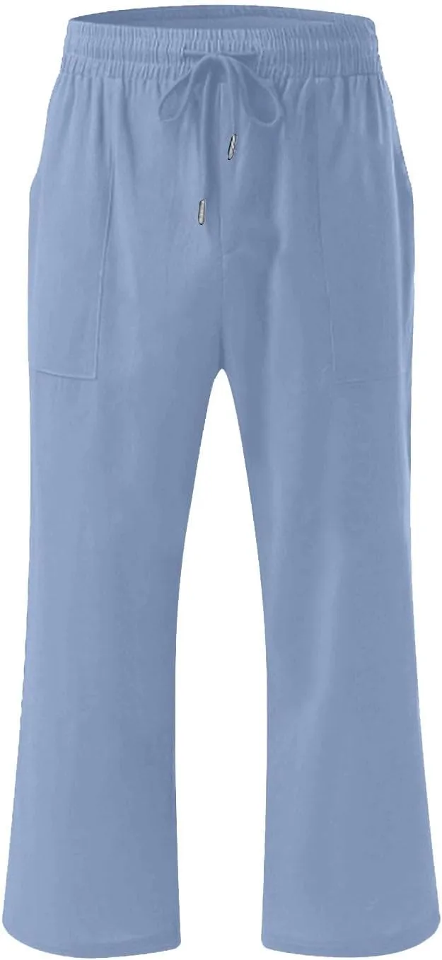 Mens Linen Capri Pants Elastic Waist Casual Pocket Joggers Lightweight Summer Relaxed Fit Beach Yoga Pants