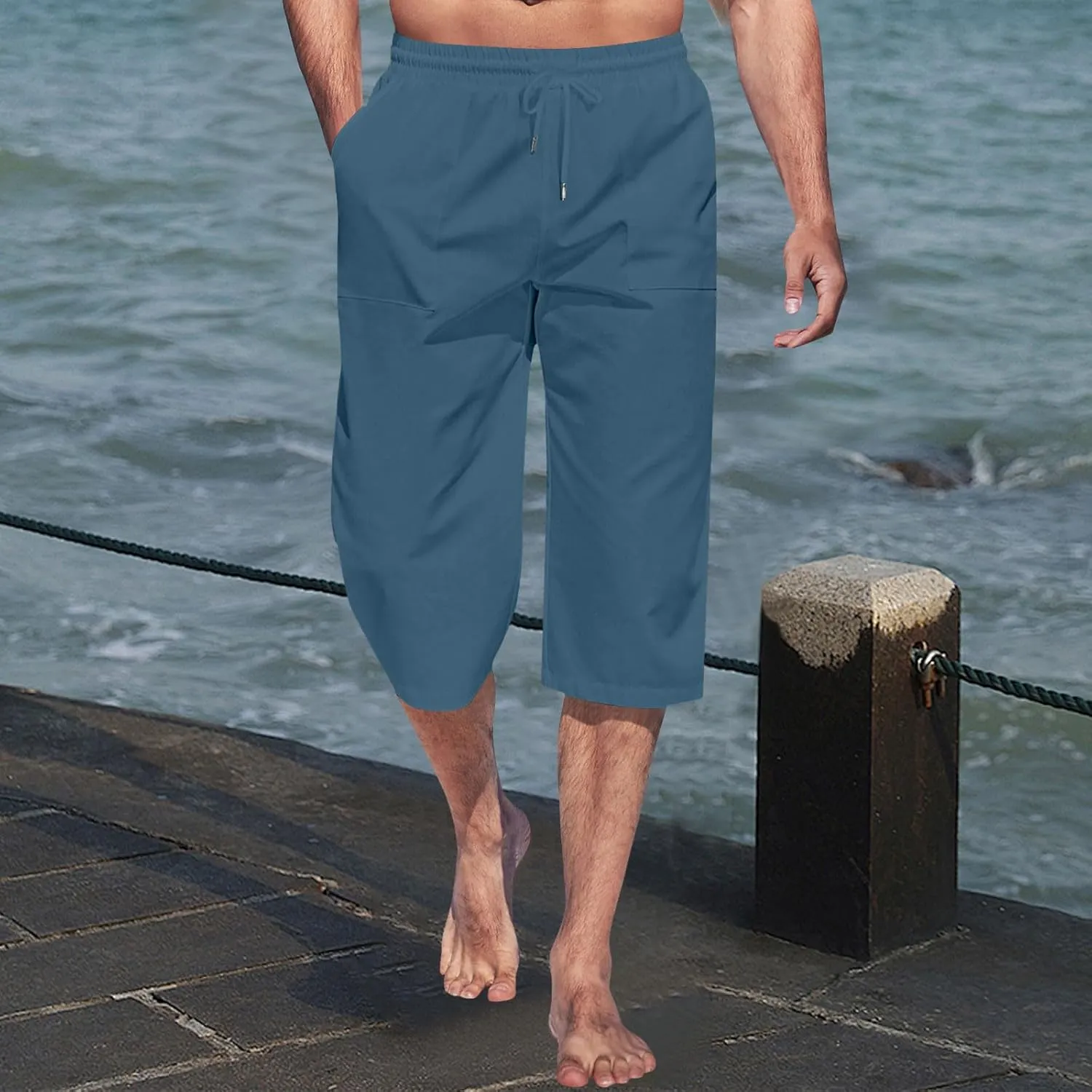 Mens Linen Capri Pants Elastic Waist Casual Pocket Joggers Lightweight Summer Relaxed Fit Beach Yoga Pants