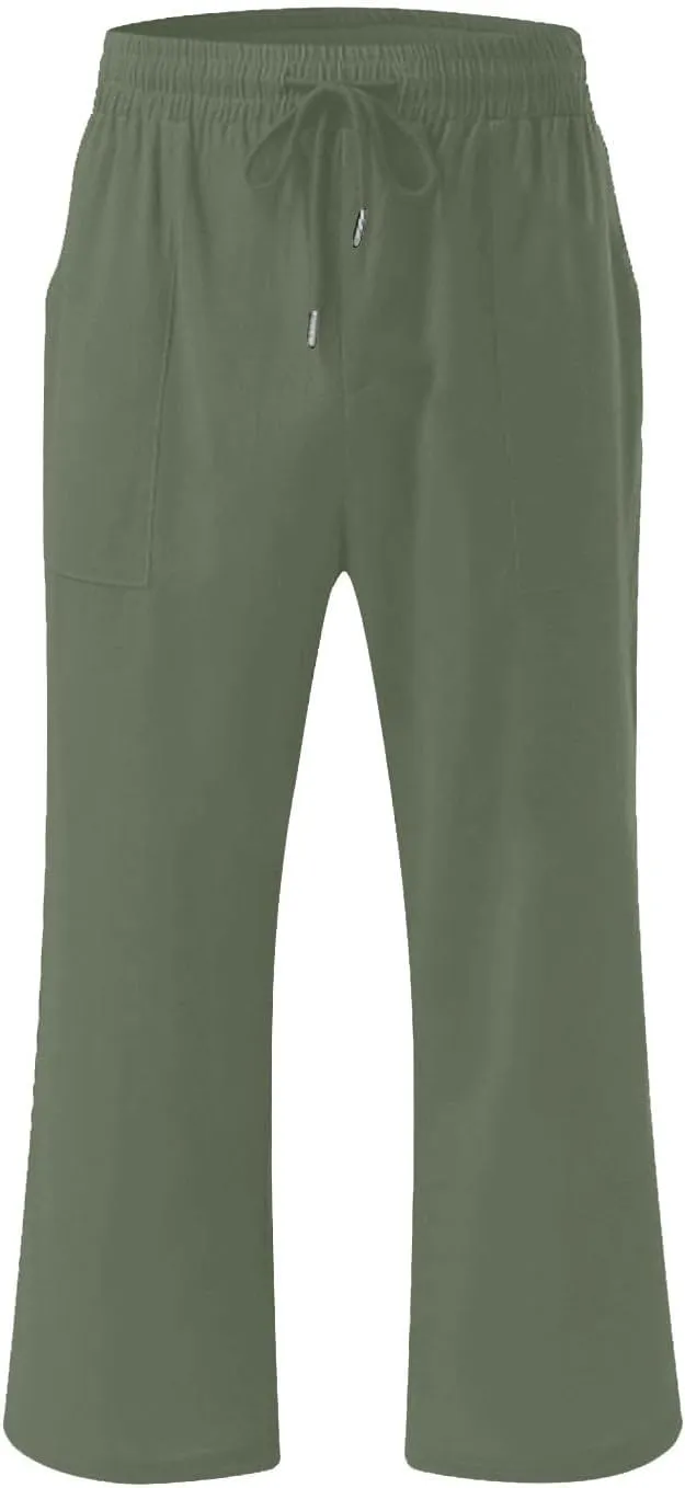 Mens Linen Capri Pants Elastic Waist Casual Pocket Joggers Lightweight Summer Relaxed Fit Beach Yoga Pants