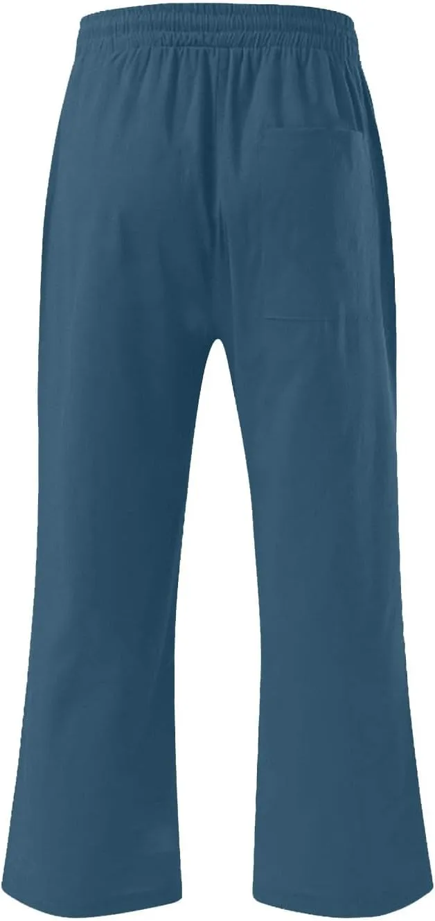 Mens Linen Capri Pants Elastic Waist Casual Pocket Joggers Lightweight Summer Relaxed Fit Beach Yoga Pants