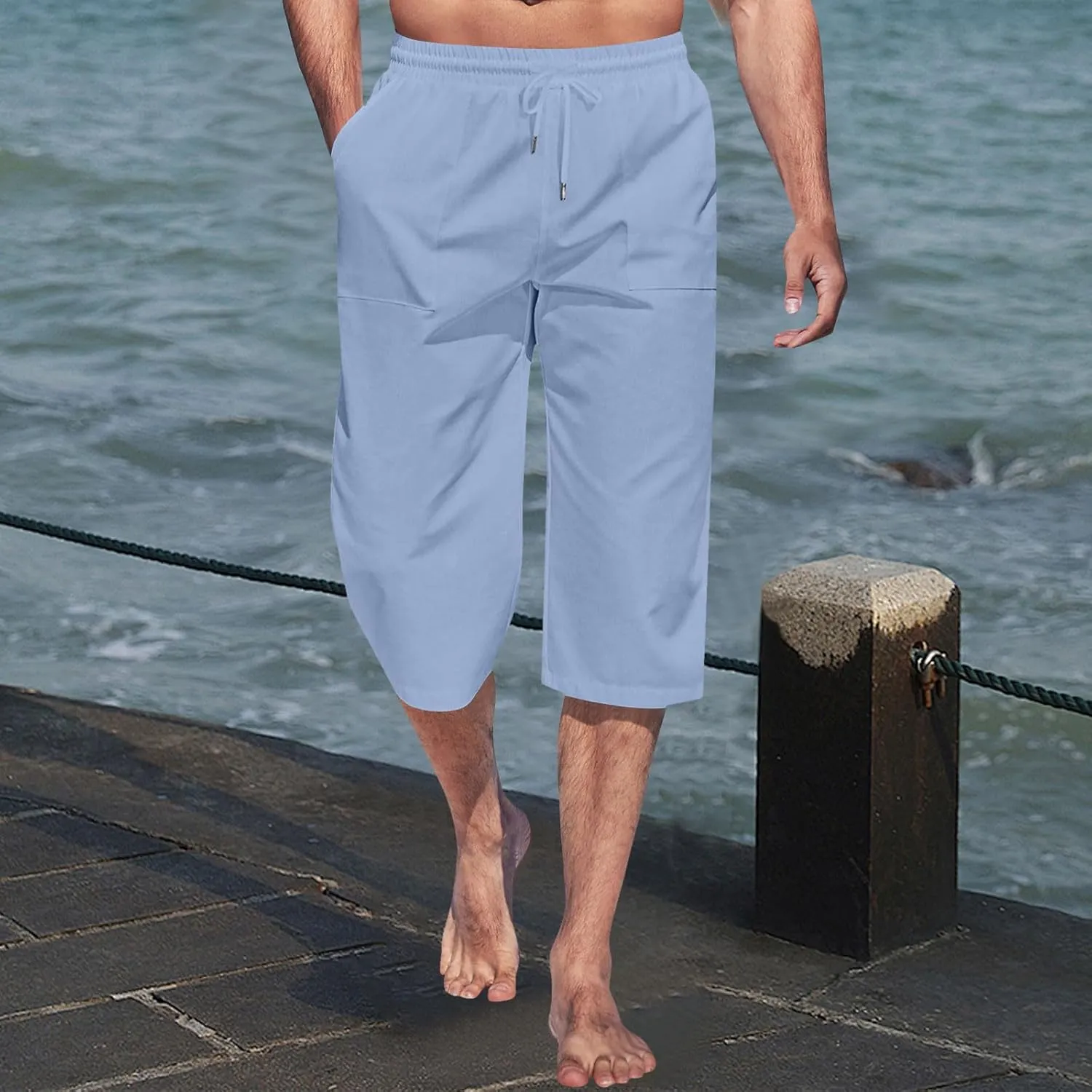 Mens Linen Capri Pants Elastic Waist Casual Pocket Joggers Lightweight Summer Relaxed Fit Beach Yoga Pants