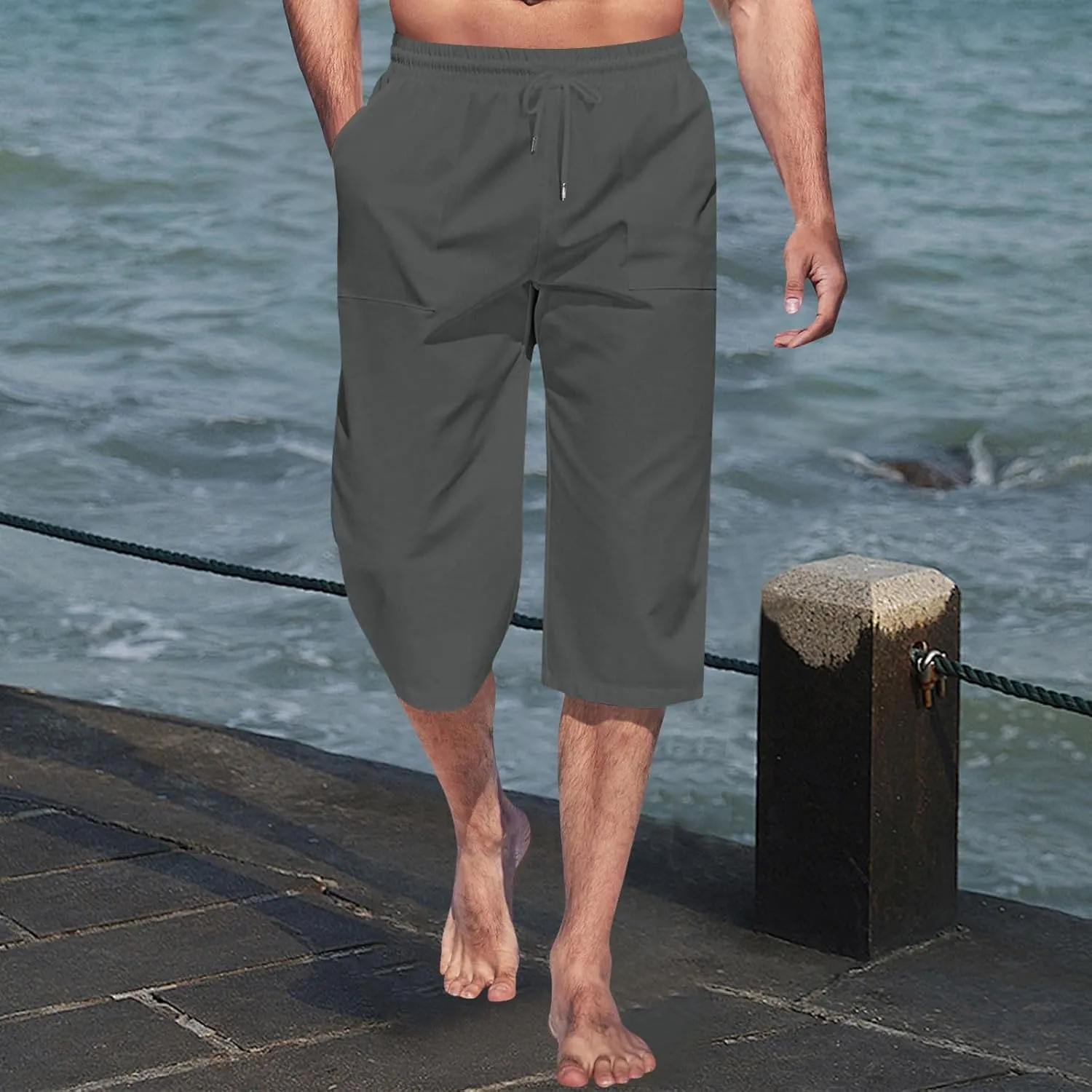 Mens Linen Capri Pants Elastic Waist Casual Pocket Joggers Lightweight Summer Relaxed Fit Beach Yoga Pants