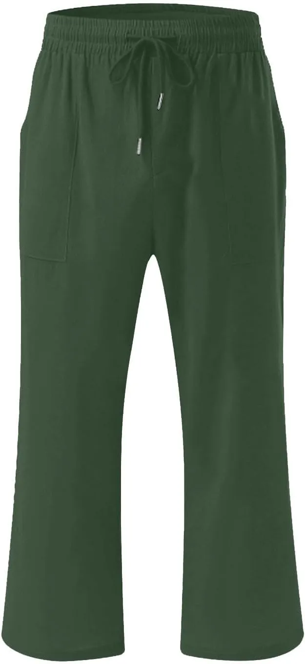 Mens Linen Capri Pants Elastic Waist Casual Pocket Joggers Lightweight Summer Relaxed Fit Beach Yoga Pants