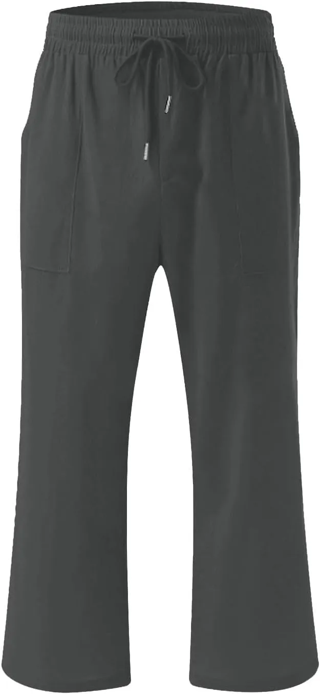 Mens Linen Capri Pants Elastic Waist Casual Pocket Joggers Lightweight Summer Relaxed Fit Beach Yoga Pants