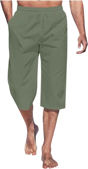 Mens Linen Capri Pants Elastic Waist Casual Pocket Joggers Lightweight Summer Relaxed Fit Beach Yoga Pants