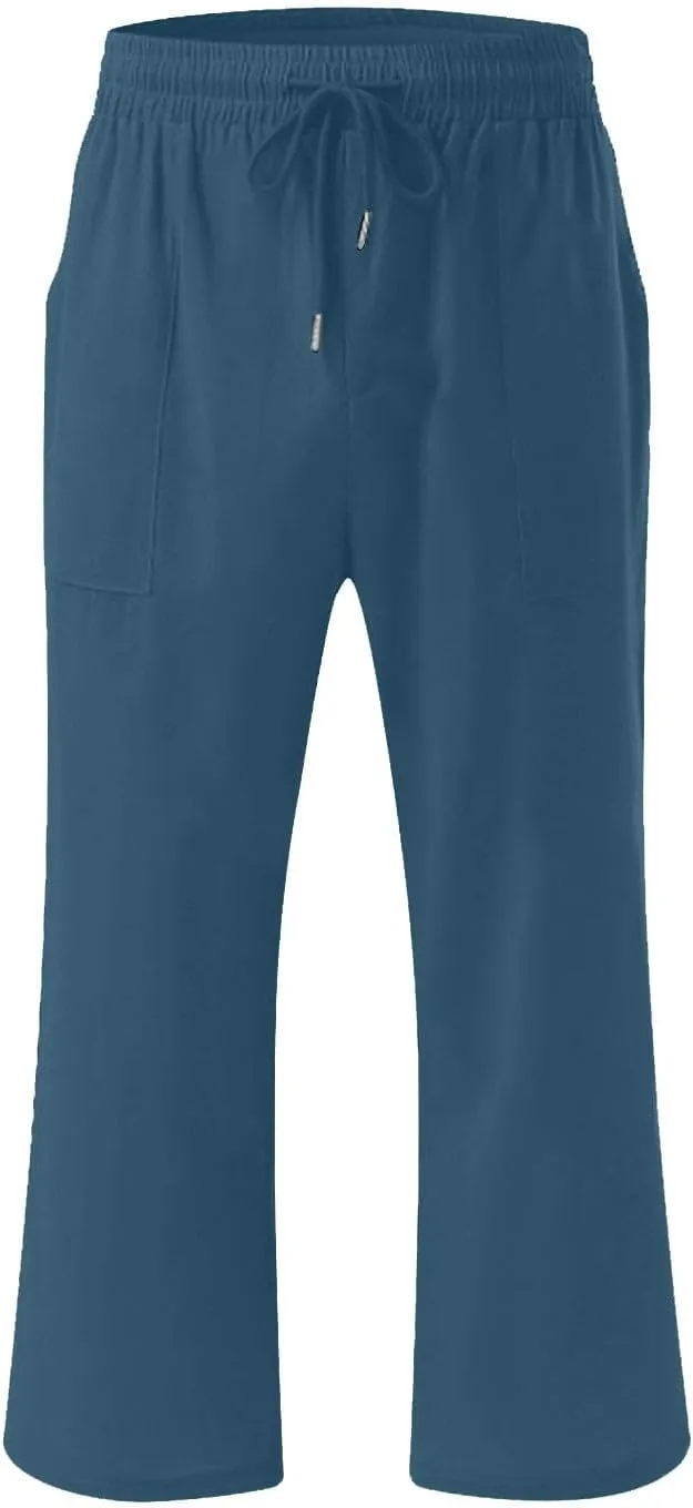 Mens Linen Capri Pants Elastic Waist Casual Pocket Joggers Lightweight Summer Relaxed Fit Beach Yoga Pants