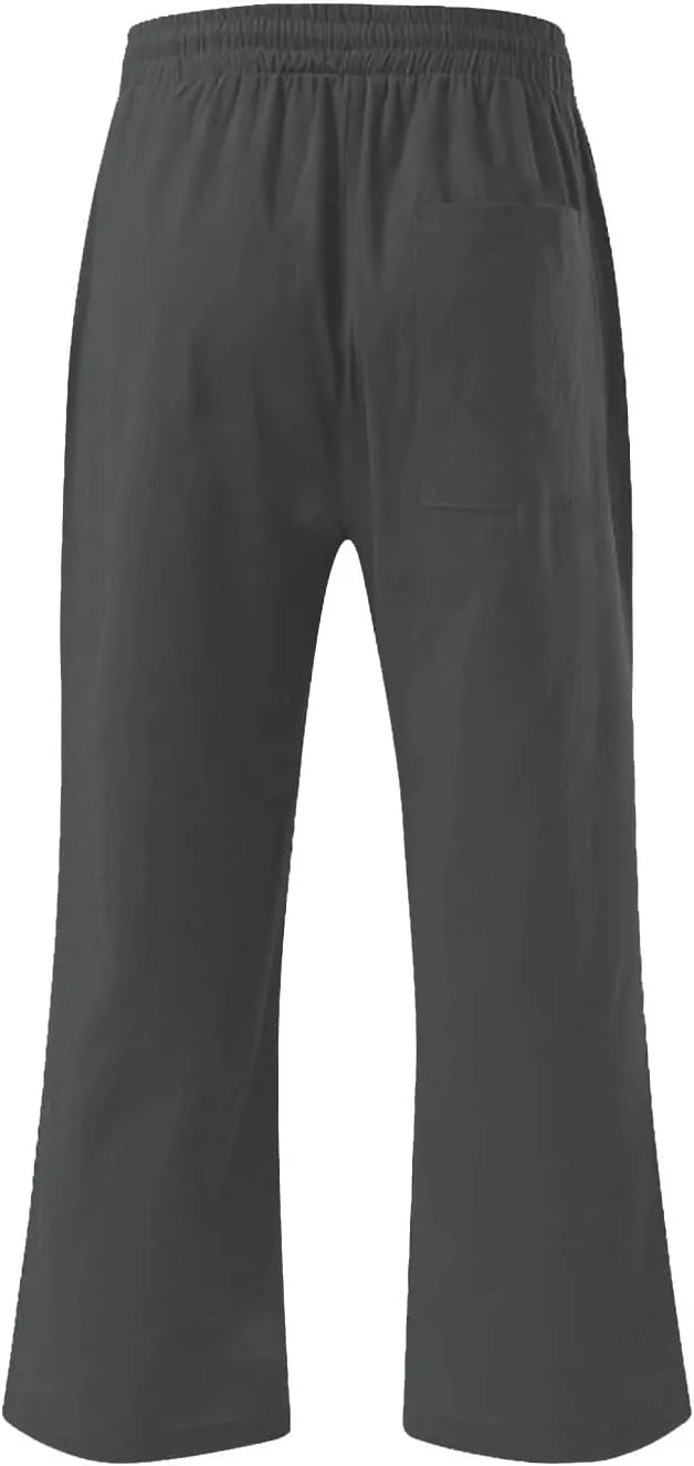 Mens Linen Capri Pants Elastic Waist Casual Pocket Joggers Lightweight Summer Relaxed Fit Beach Yoga Pants