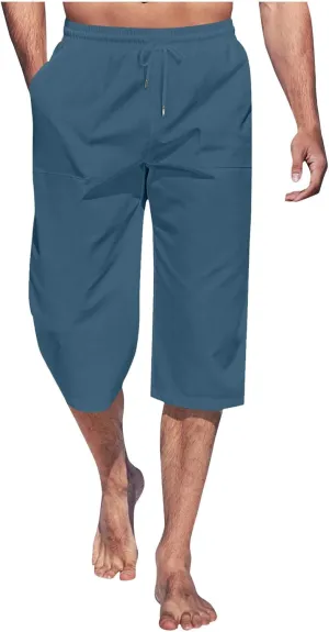 Mens Linen Capri Pants Elastic Waist Casual Pocket Joggers Lightweight Summer Relaxed Fit Beach Yoga Pants