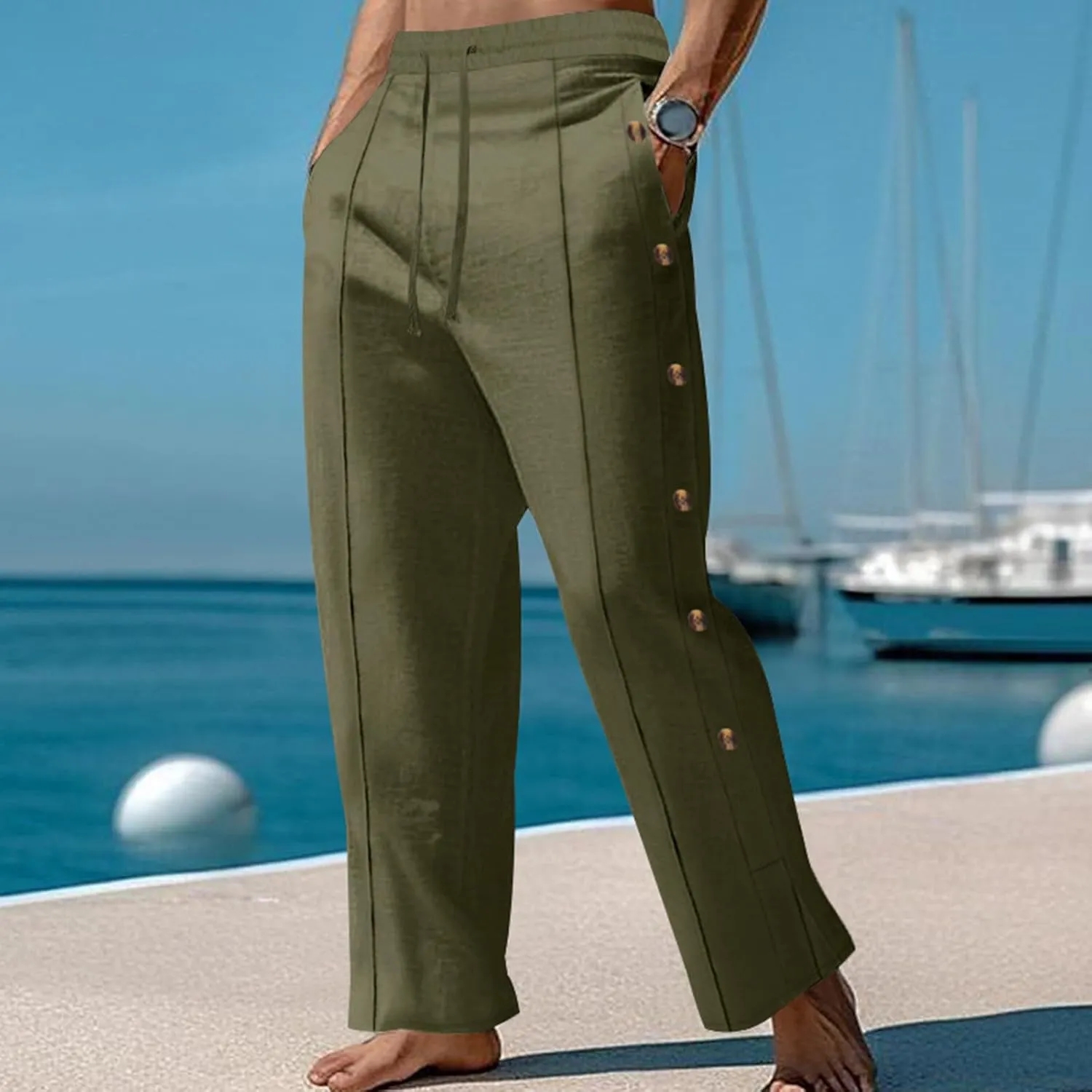 Mens Loose Fit Linen Pants Elastic Waist Drawstring Lightweight Summer Button Yoga Casual Trousers Straight Leg