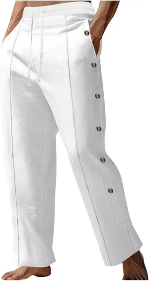 Mens Loose Fit Linen Pants Elastic Waist Drawstring Lightweight Summer Button Yoga Casual Trousers Straight Leg