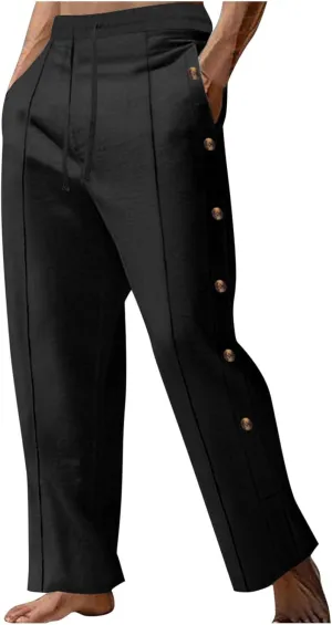 Mens Loose Fit Linen Pants Elastic Waist Drawstring Lightweight Summer Button Yoga Casual Trousers Straight Leg