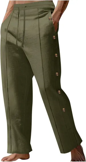 Mens Loose Fit Linen Pants Elastic Waist Drawstring Lightweight Summer Button Yoga Casual Trousers Straight Leg