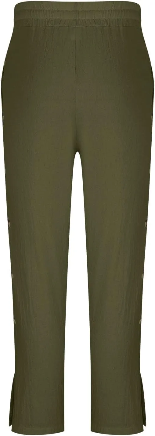 Mens Loose Fit Linen Pants Elastic Waist Drawstring Lightweight Summer Button Yoga Casual Trousers Straight Leg
