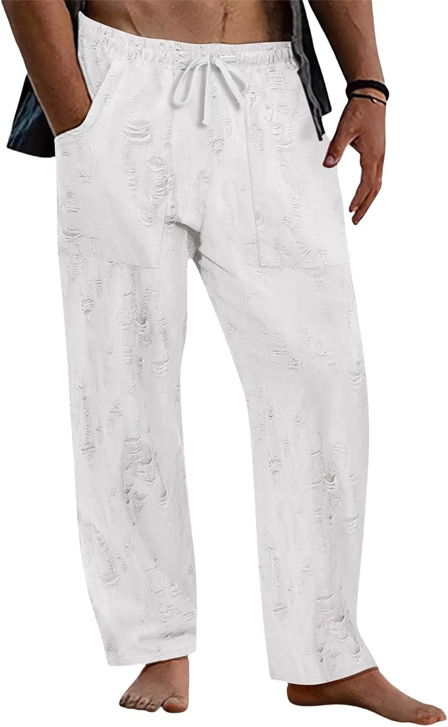 Mens Lounge Linen Pants Elastic Waist Drawstring Baggy Casual Trousers Lightweight Summer Beach Slacks Straight Pants