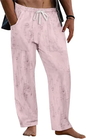 Mens Lounge Linen Pants Elastic Waist Drawstring Baggy Casual Trousers Lightweight Summer Beach Slacks Straight Pants