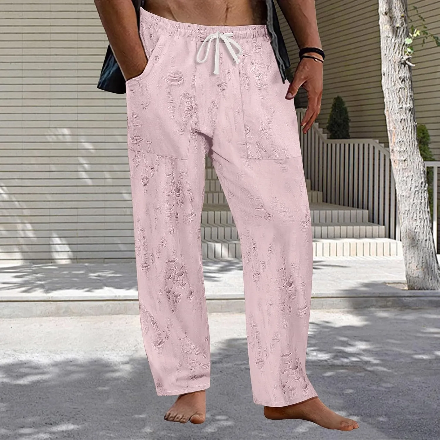 Mens Lounge Linen Pants Elastic Waist Drawstring Baggy Casual Trousers Lightweight Summer Beach Slacks Straight Pants