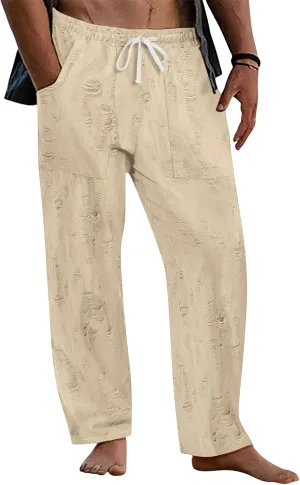 Mens Lounge Linen Pants Elastic Waist Drawstring Baggy Casual Trousers Lightweight Summer Beach Slacks Straight Pants