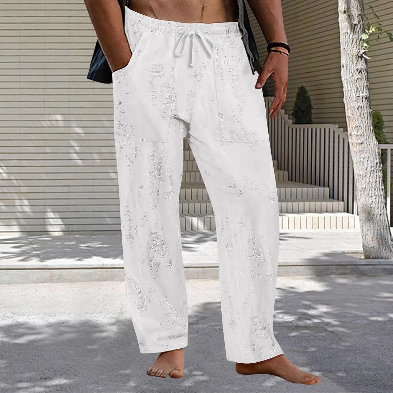 Mens Lounge Linen Pants Elastic Waist Drawstring Baggy Casual Trousers Lightweight Summer Beach Slacks Straight Pants