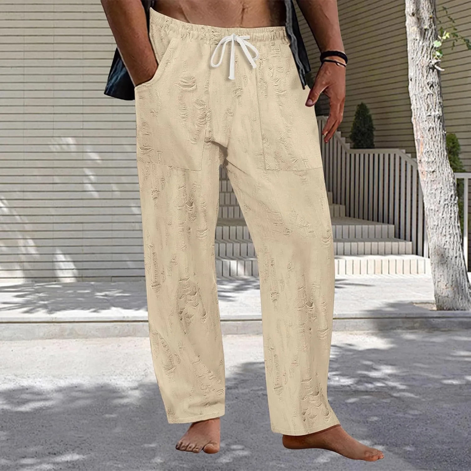 Mens Lounge Linen Pants Elastic Waist Drawstring Baggy Casual Trousers Lightweight Summer Beach Slacks Straight Pants