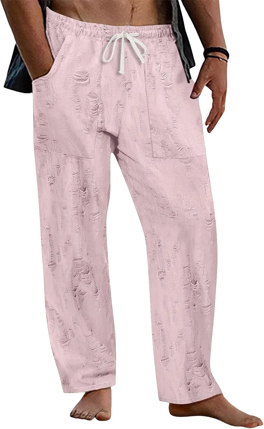 Mens Lounge Linen Pants Elastic Waist Drawstring Baggy Casual Trousers Lightweight Summer Beach Slacks Straight Pants