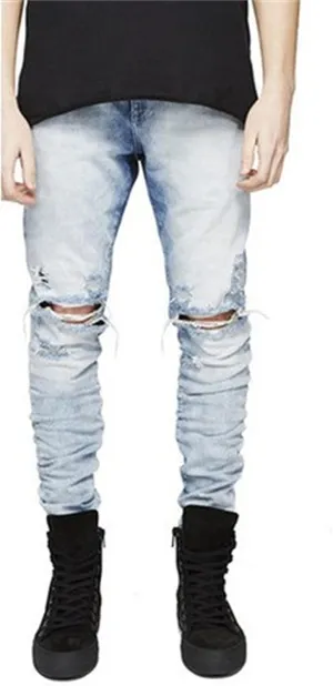 Men's Ripped Slim Casual Distressed Denim Pants Fit Straight with Zipper Jeans Skinny Retro Stretch Jean Trousers (Light Blue 2,28)