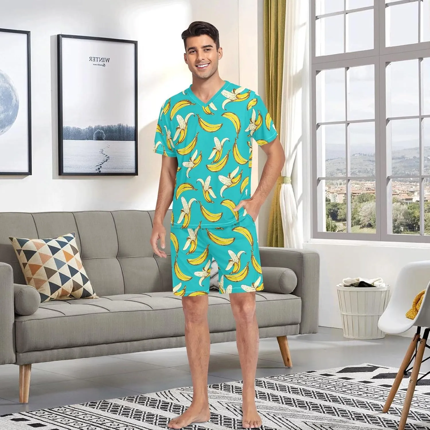 Men's Short Sleeve Pajama Set Summer Pj Short Set 2 Piece Loungewear Sleepwear with Pockets