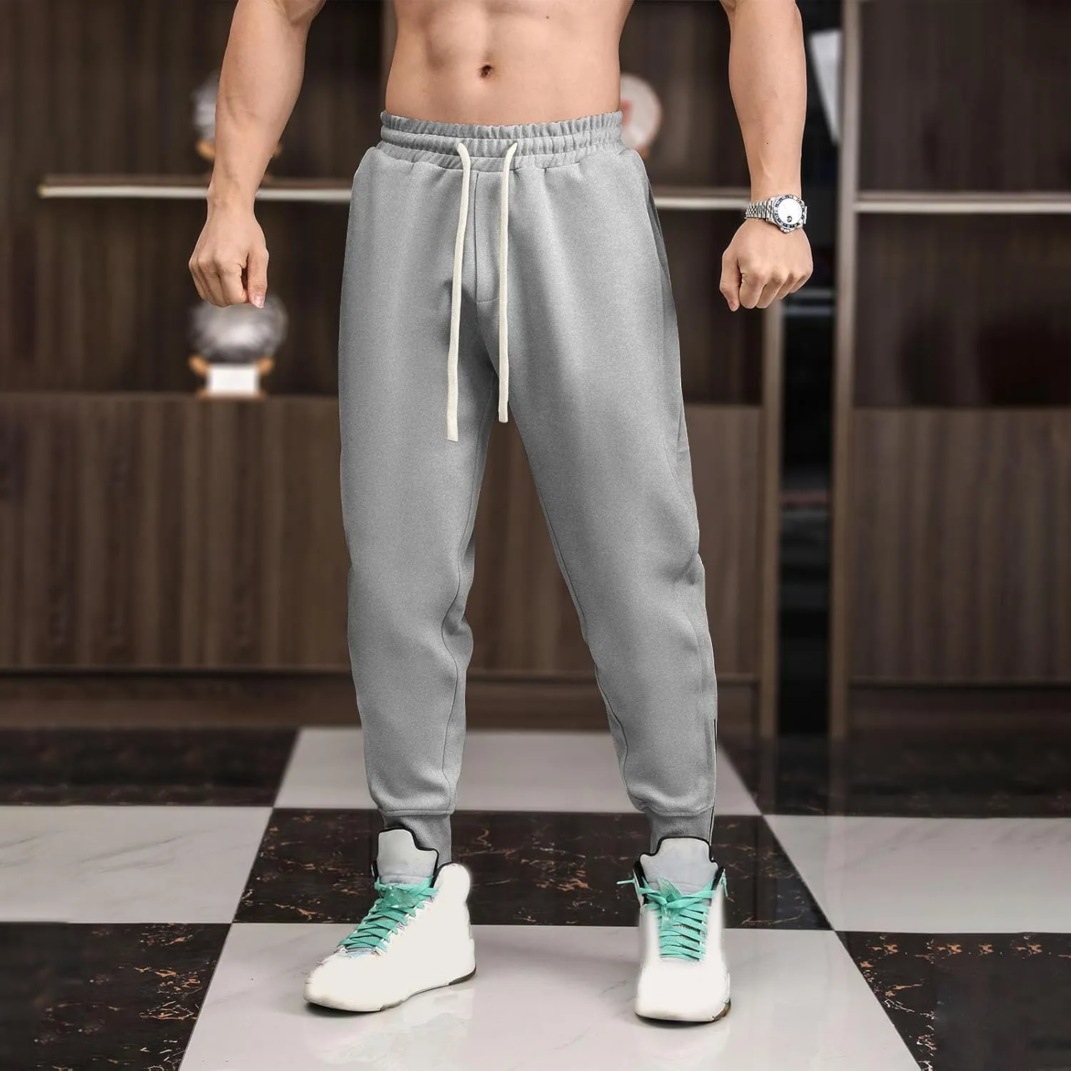 Mens Sweatpants Oversized Athletic Workout Lounge Pants Drawstring Elastic Waist Stretch Loose Joggers with Pockets