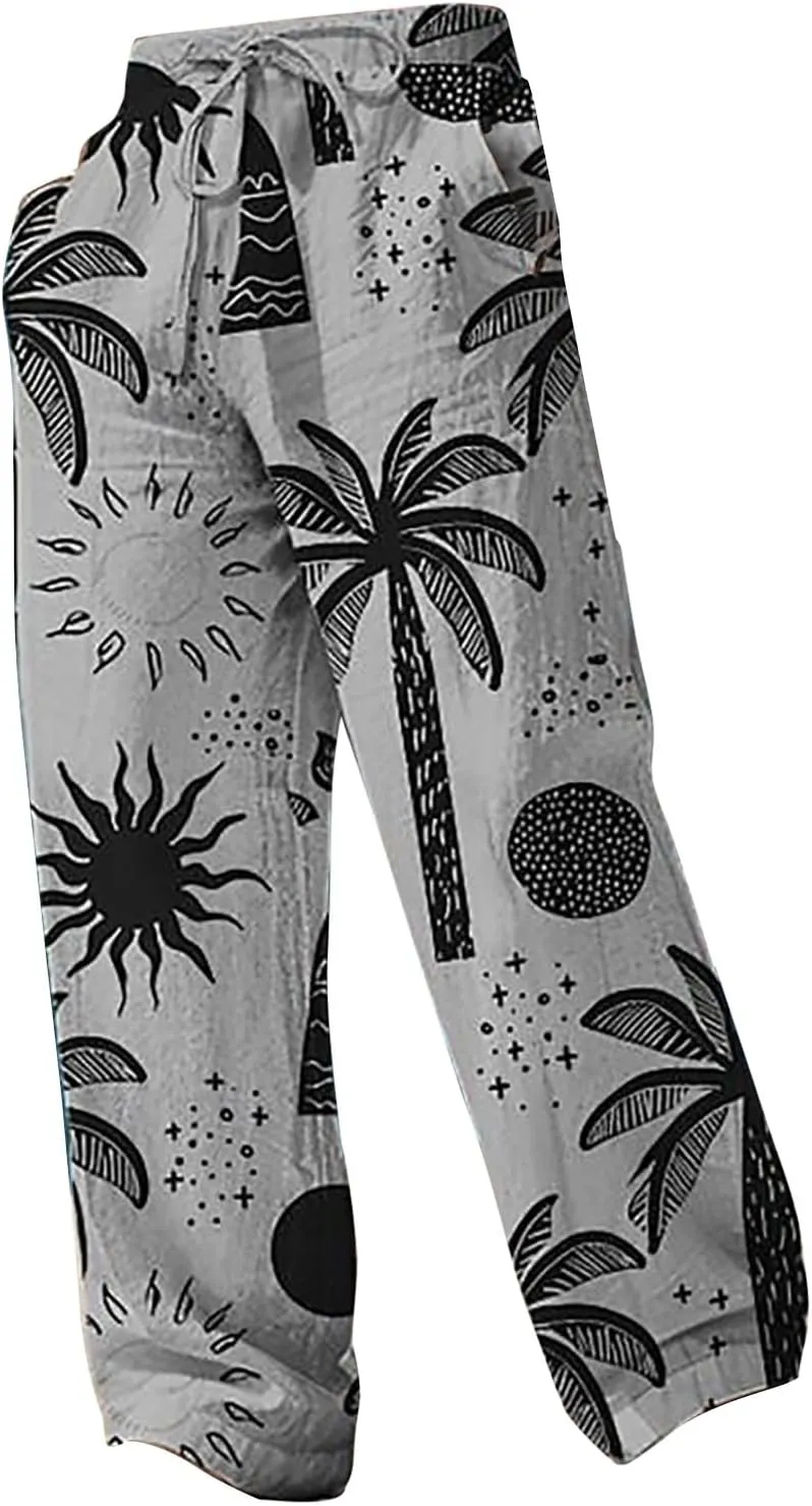 Men's Wide Leg Hawaiian Seaside Pants Casual Coconut Tree Pattern Yoga Beach Trousers Loose Fit Harem Joggers Pants