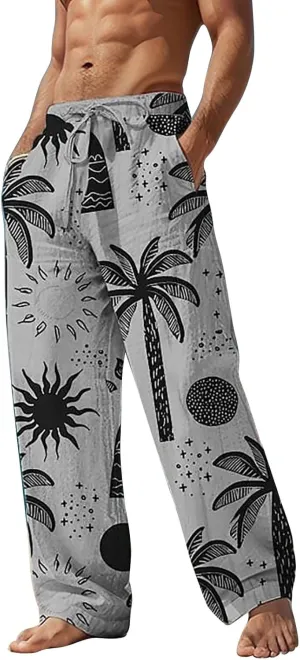 Men's Wide Leg Hawaiian Seaside Pants Casual Coconut Tree Pattern Yoga Beach Trousers Loose Fit Harem Joggers Pants