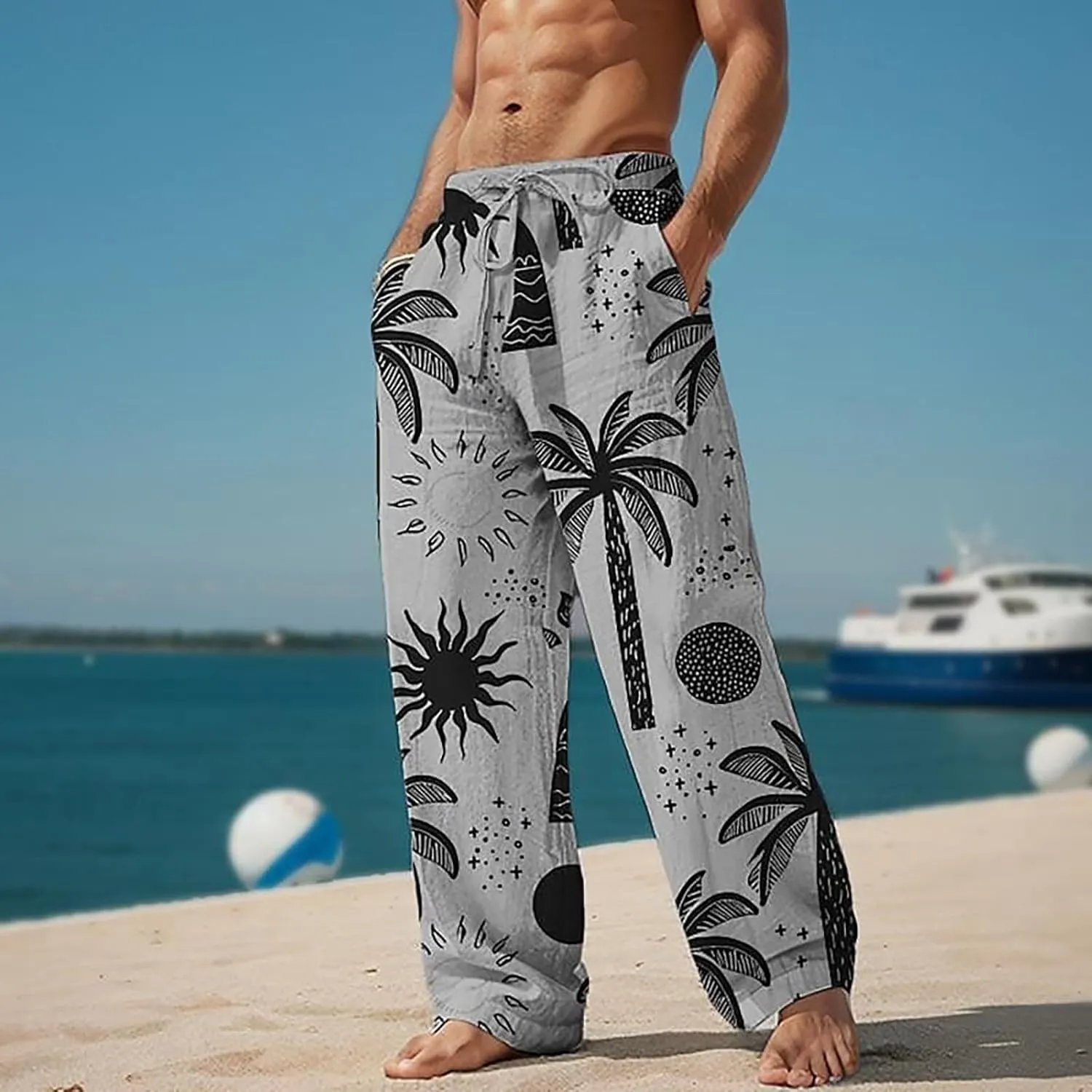 Men's Wide Leg Hawaiian Seaside Pants Casual Coconut Tree Pattern Yoga Beach Trousers Loose Fit Harem Joggers Pants
