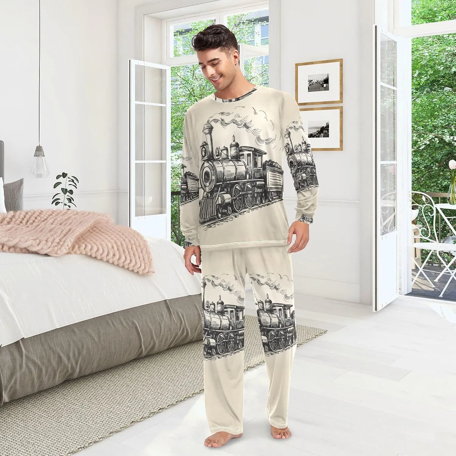 Men's Women's Pajama Set, 2PCs Sleepwear Top & Bottom Pants Pockets (XS-XXL)