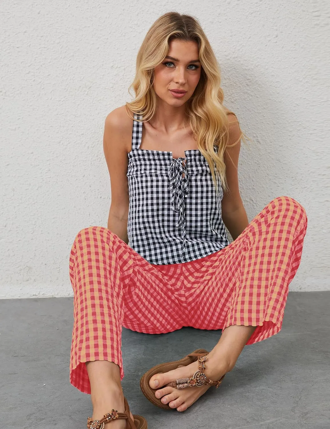 MISSACTIVER Women's Casual Y2K Plaid Pants Mid Rise Wide Leg Trousers Elastic Waist Baggy Loose Lounge Long Pants with Pocket