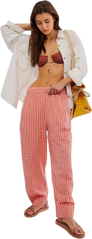 MISSACTIVER Women's Casual Y2K Plaid Pants Mid Rise Wide Leg Trousers Elastic Waist Baggy Loose Lounge Long Pants with Pocket